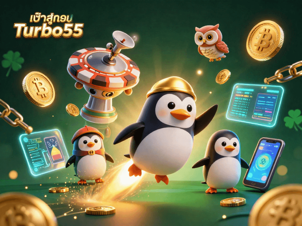 Engage with the interactive casino universe through เข้าสู่ระบบ Turbo55 featuring a golden penguin and crypto elements.