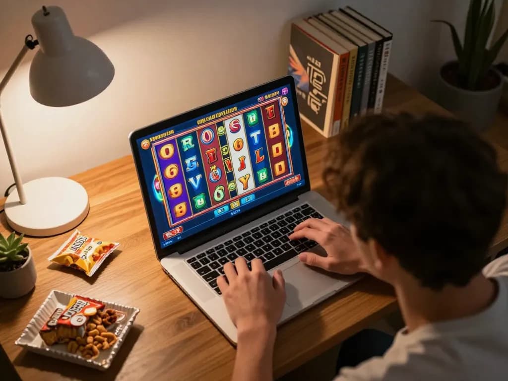 Player experiencing the thrill of agenslot188 while engaging with vibrant slot games on a laptop at home.