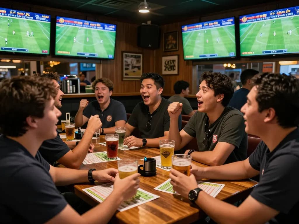 Tỷ Lệ Bóng Đá enthusiast reviewing bets while observing live football matches in a lively sports bar.