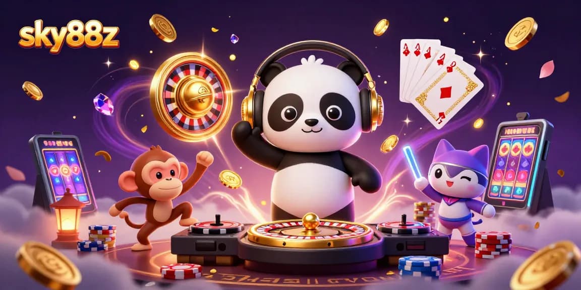 Experience excitement with sky88z featuring 3D characters in a lively casino setting.