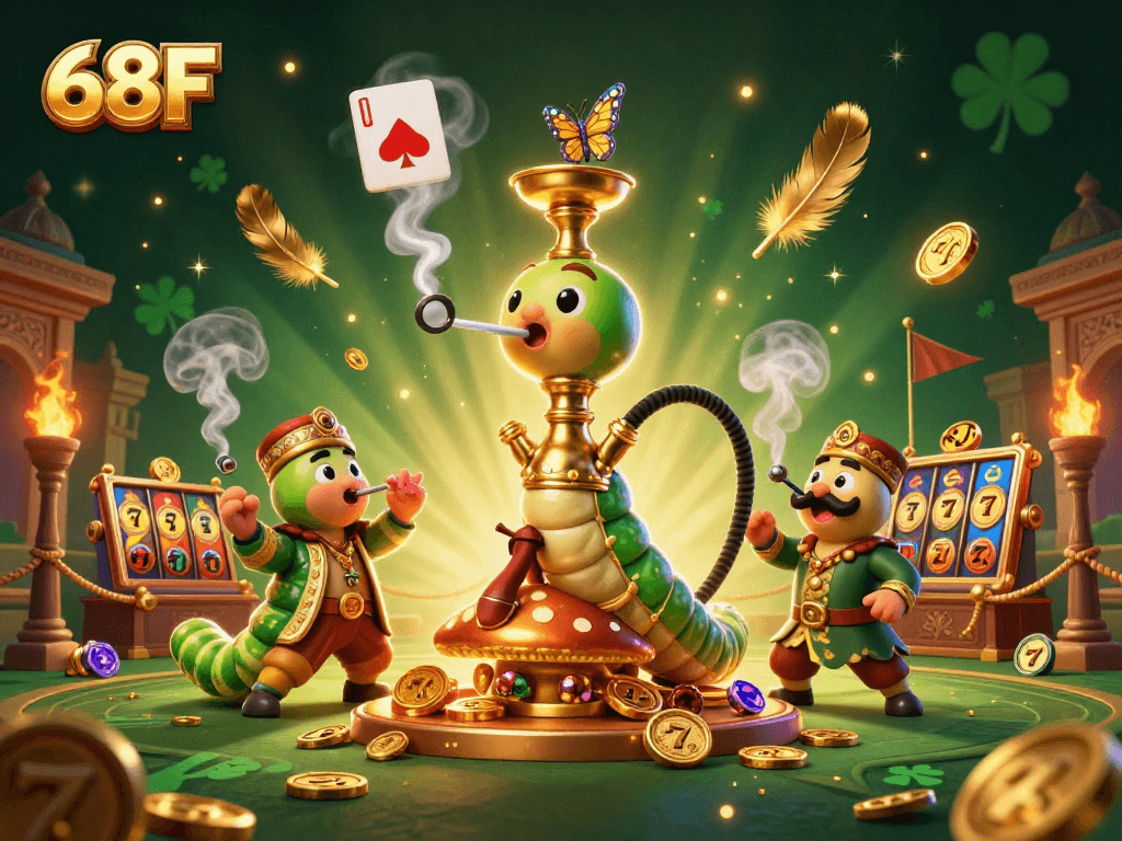 68F ilustra um cassino vibrante com um enorme lagarta mestra do narguilé e elementos de slots.