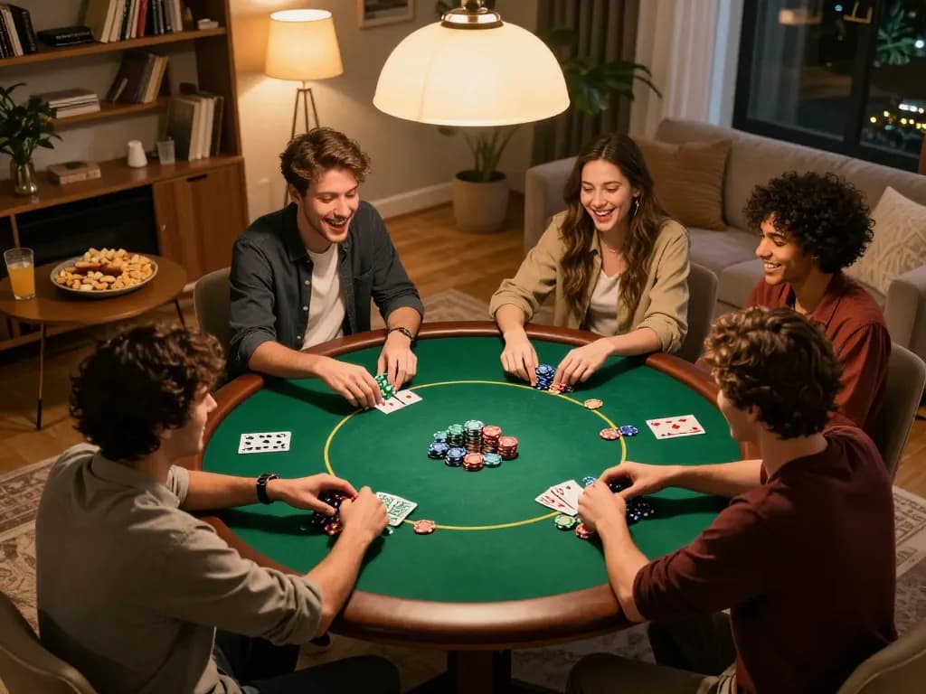 Friends playing poker in a cozy living room, showcasing an engaging gaming experience with cucu777 algorithm implementation.