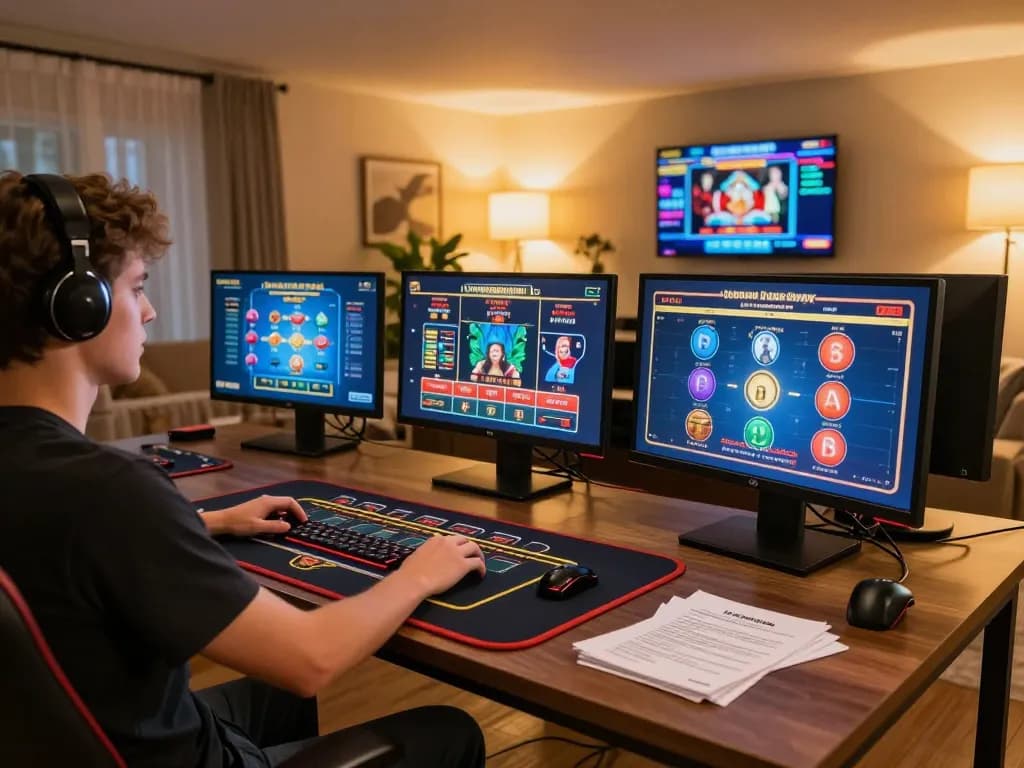 Player enjoying online gaming on multiple screens at home, showcasing 98winlive experience