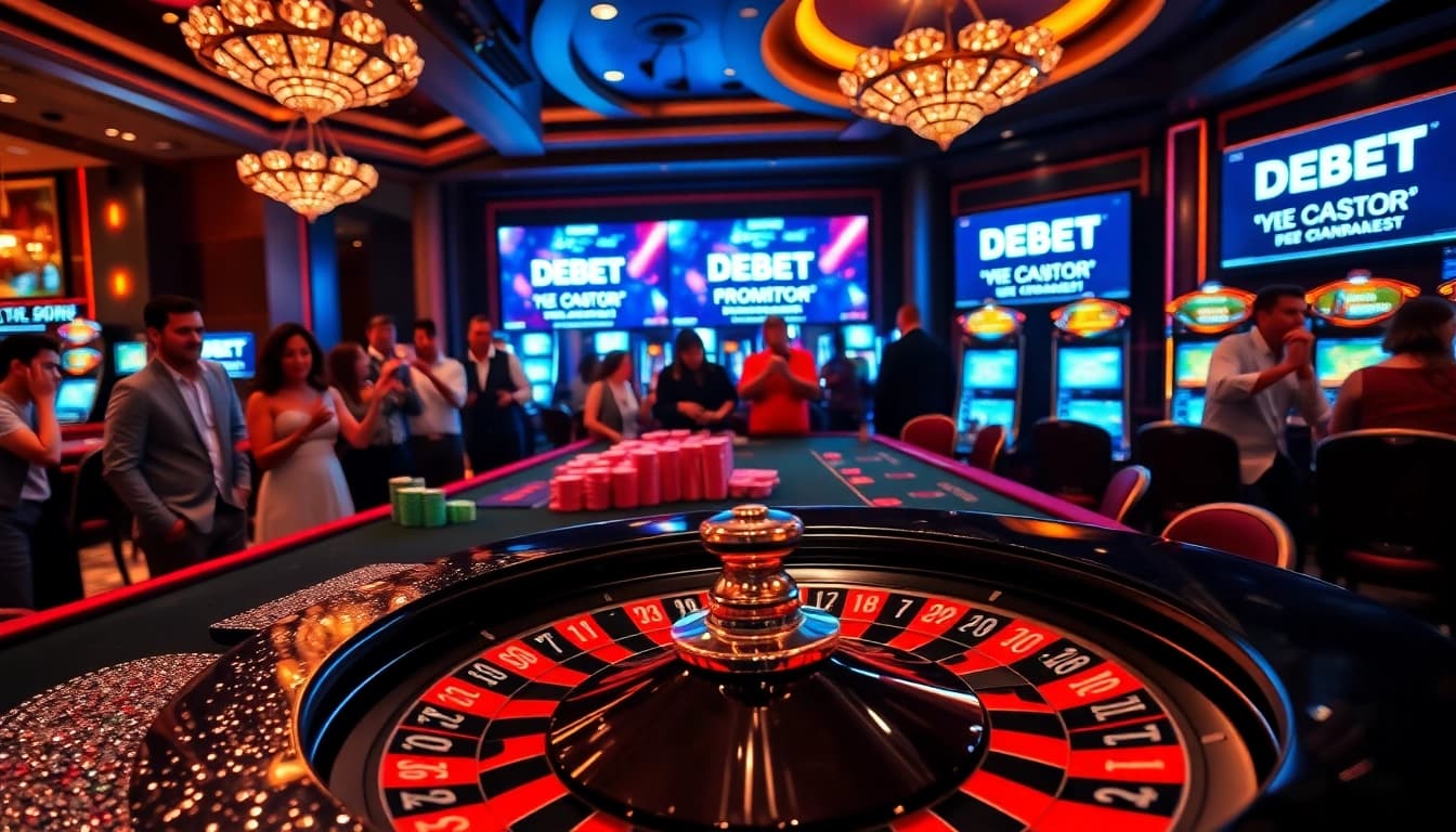 DEBET's vibrant casino scene with excitement from roulette and poker games.