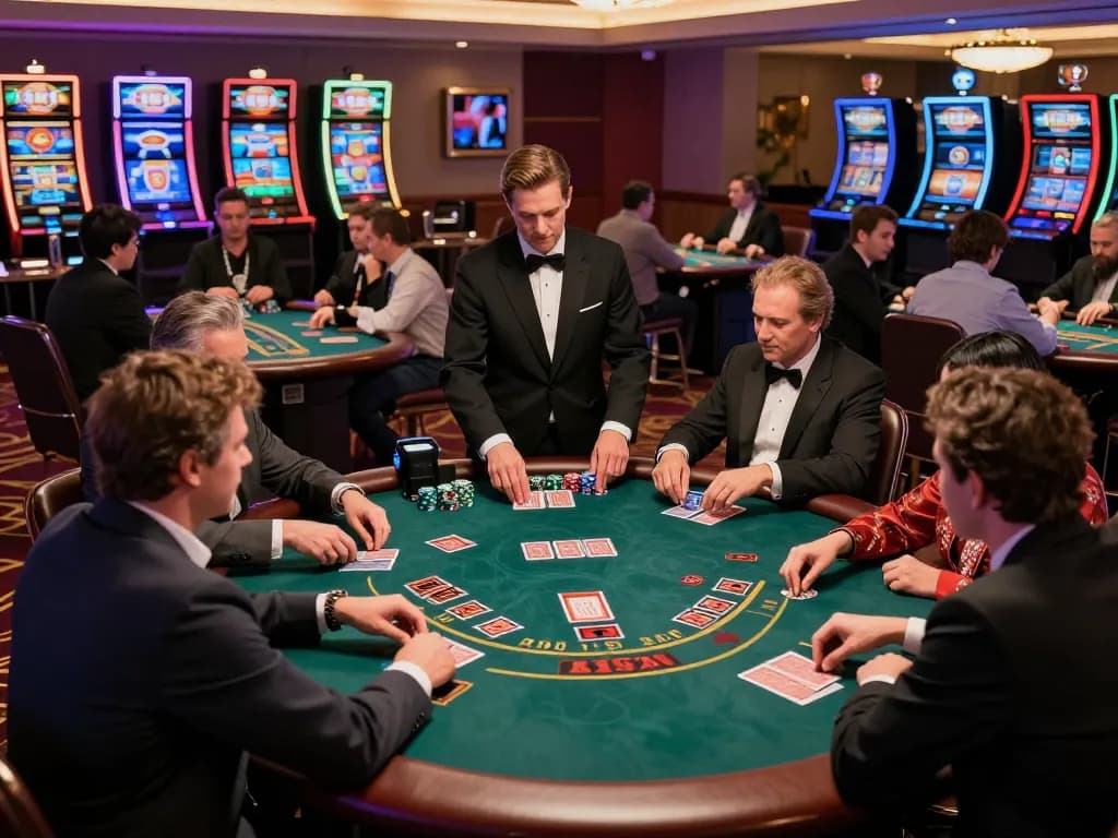 Iwin players enjoying an active blackjack game in an upscale casino with professional dealers, vibrant atmosphere and strategic gameplay.