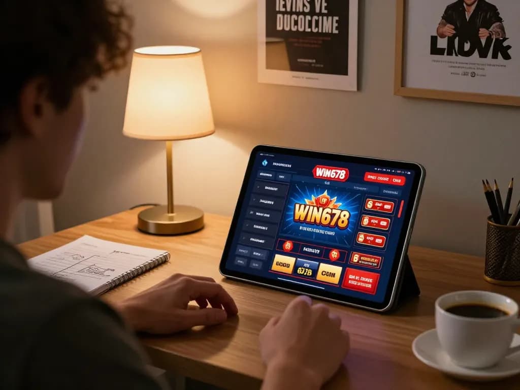 Engaged player using win678 com for online casino gaming, cozy home setup