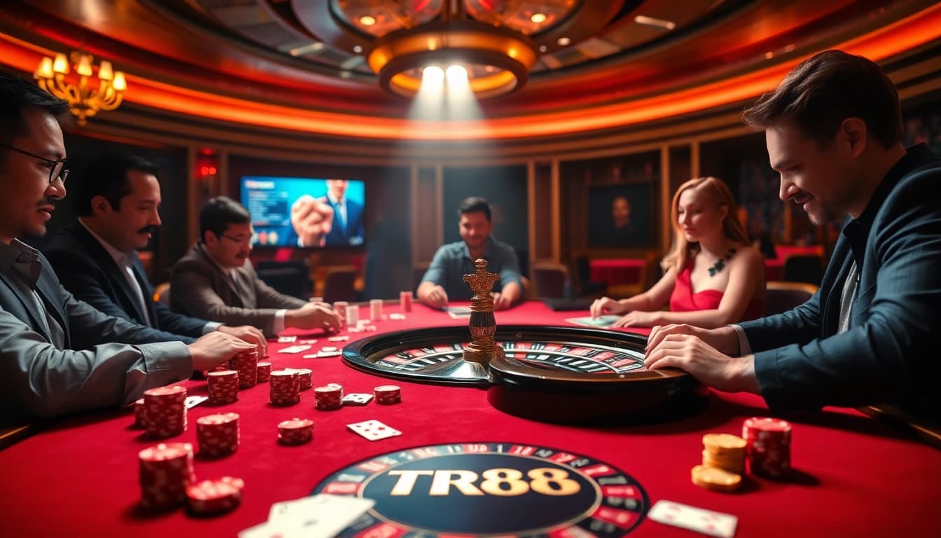 Engaged players at a TR88 casino table with poker chips and cards depicting excitement and high stakes.