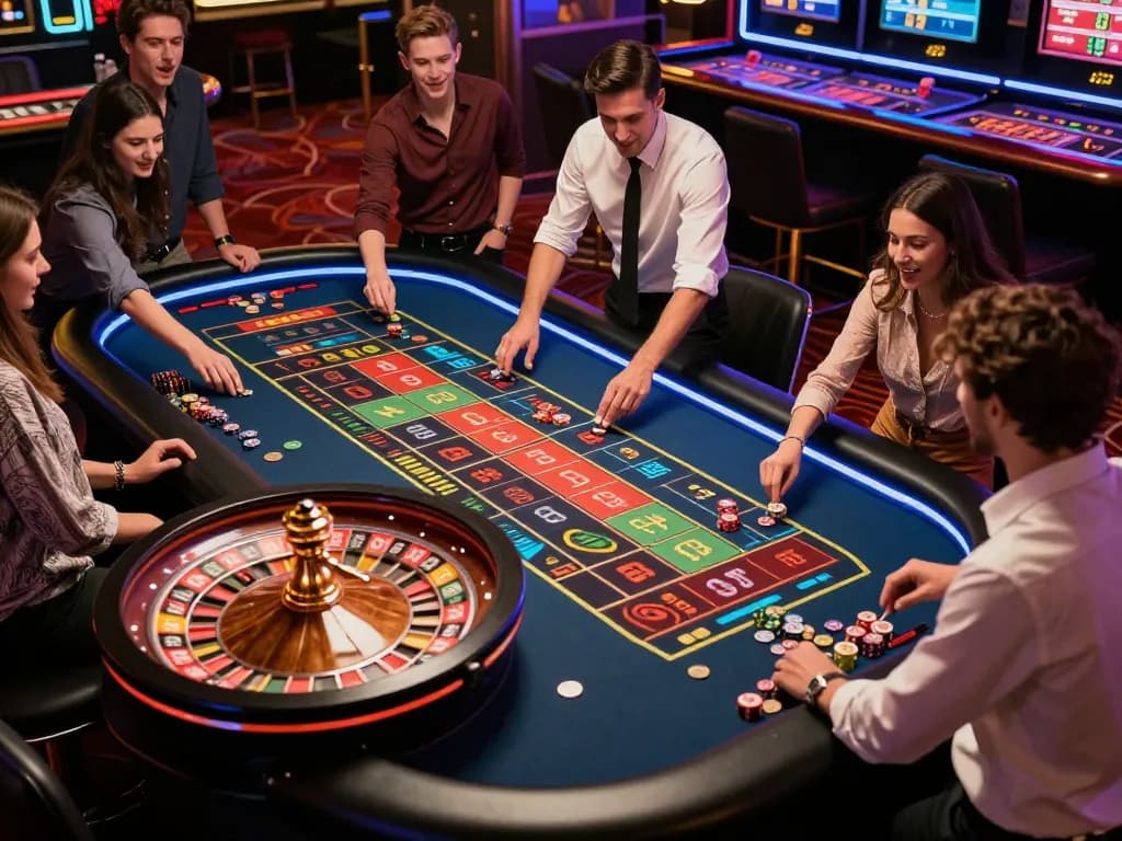 Roulette table featuring players and croupier in action at casino 5679 scene