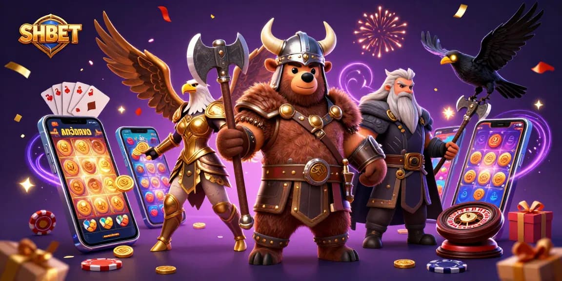 Experience thrilling gaming with SHBET's dynamic 3D casino characters amidst vibrant slot game elements.