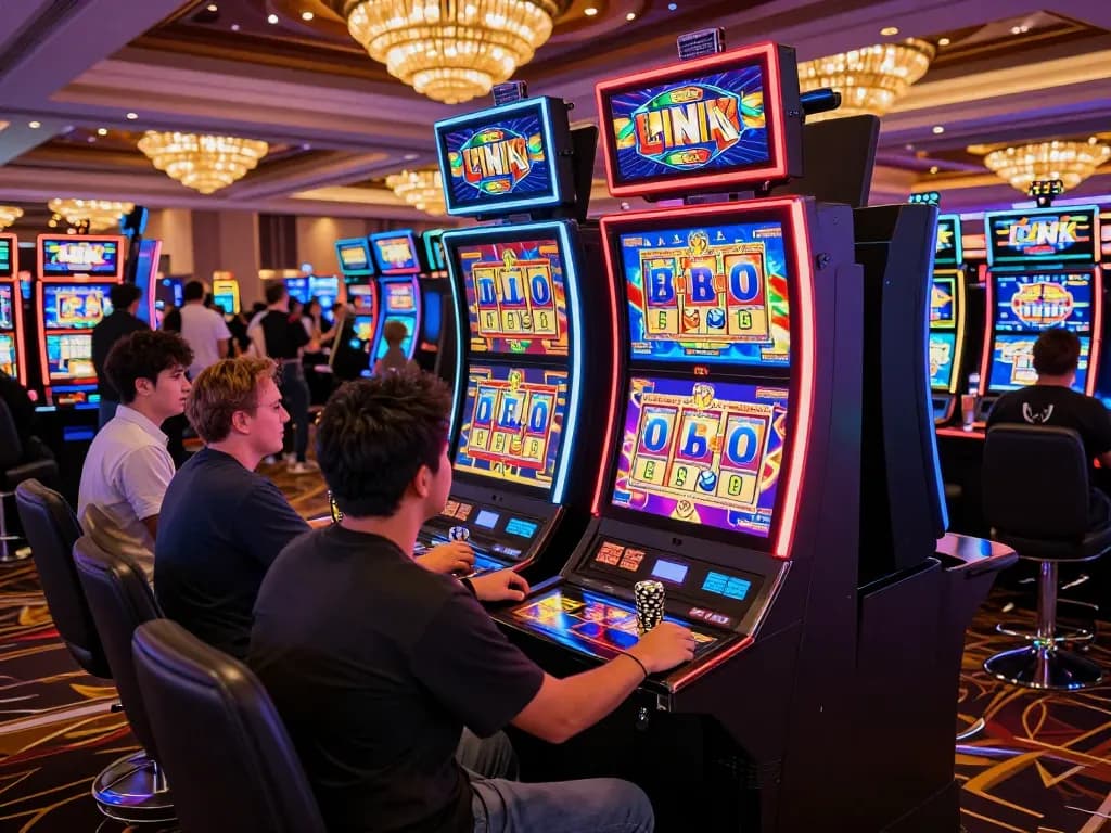 Exciting gaming scene featuring players at vibrant link slot machines in a lively Las Vegas casino showcasing the thrill of the gaming experience.