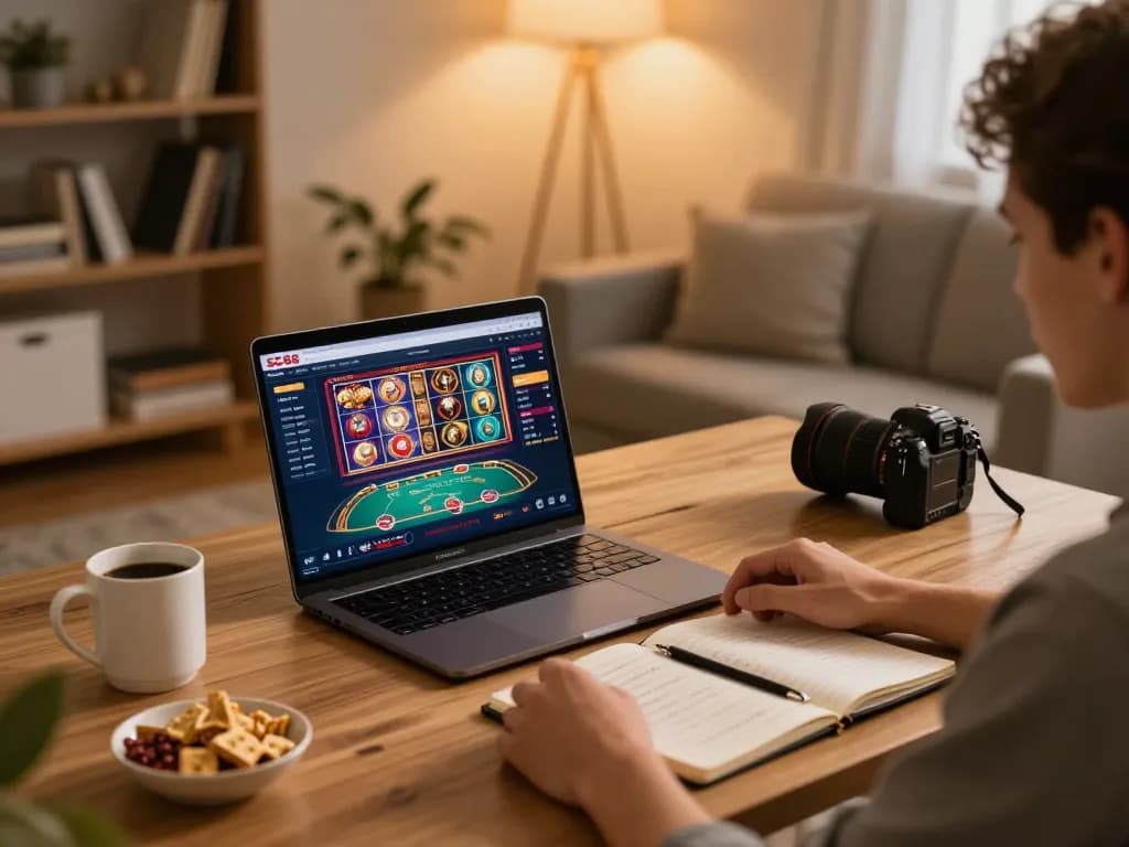 Player engaged in SC88 online casino gaming at home, showing vibrant slot interface.