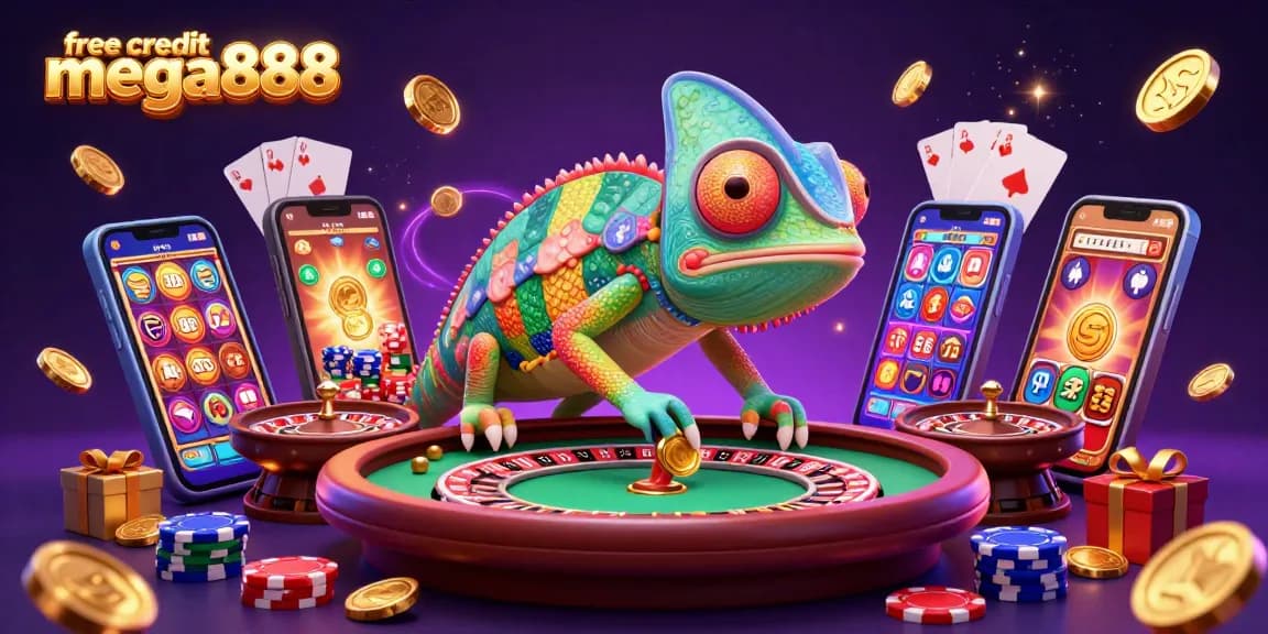Spin and win with free credit mega888, surrounded by vibrant casino elements and excitement.