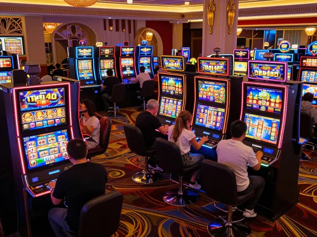 Pemain berinteraksi dengan mesin slot dasi4d yang penuh warna dalam suasana kasino yang mendebarkan.