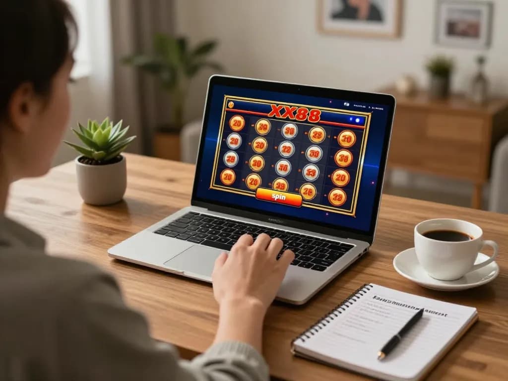 Player preparing to hit spin on the XX88 slot game in a cozy home gaming setup.