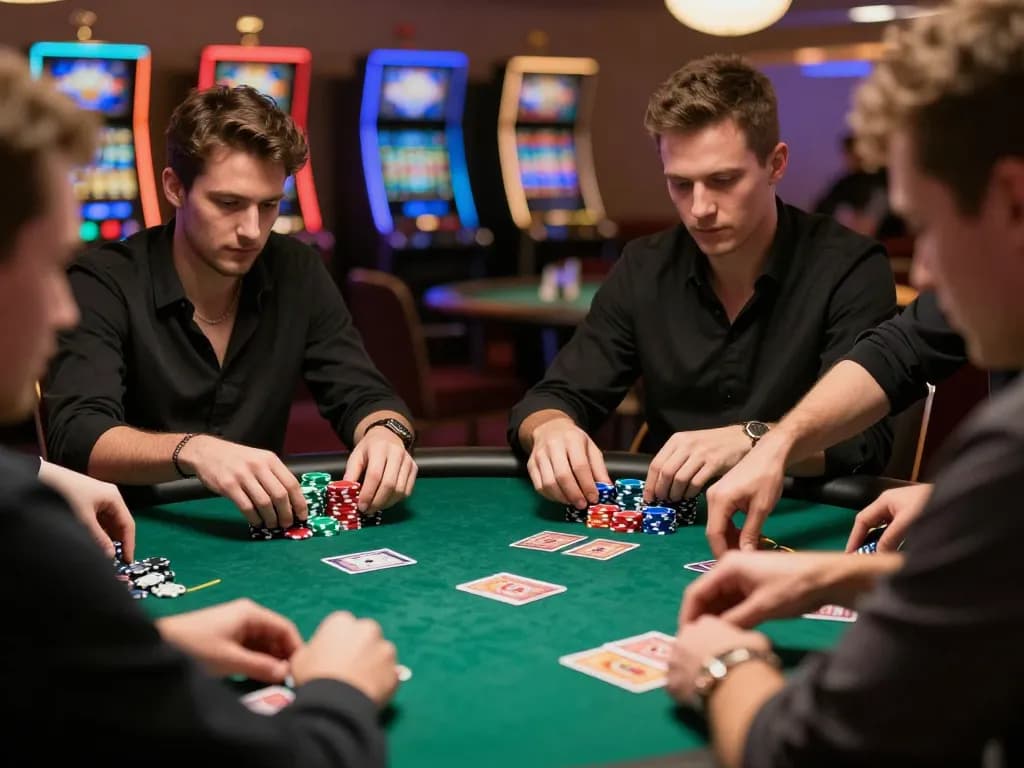 Sebuah momen permainan poker yang menarik menunjukkan pemain yang intens di meja sambil terlibat dalam strategi di https://revjeffhood.com/me/.