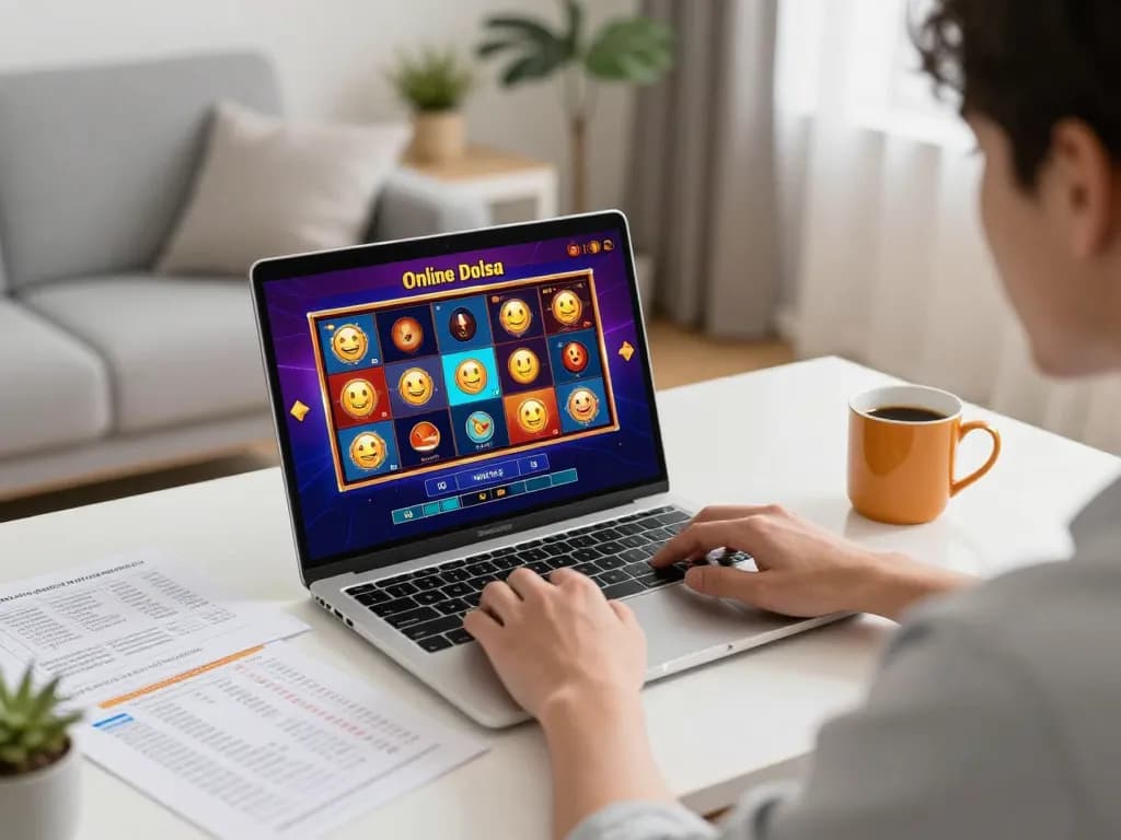 Pemain terlibat dengan permainan slot pulsa di laptop dalam lingkungan rumah yang nyaman.