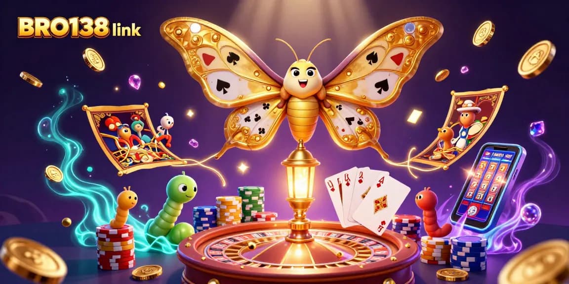 Play exciting casino games at BRO138 link, featuring vibrant slot reels and a 3D vibrant moth character.
