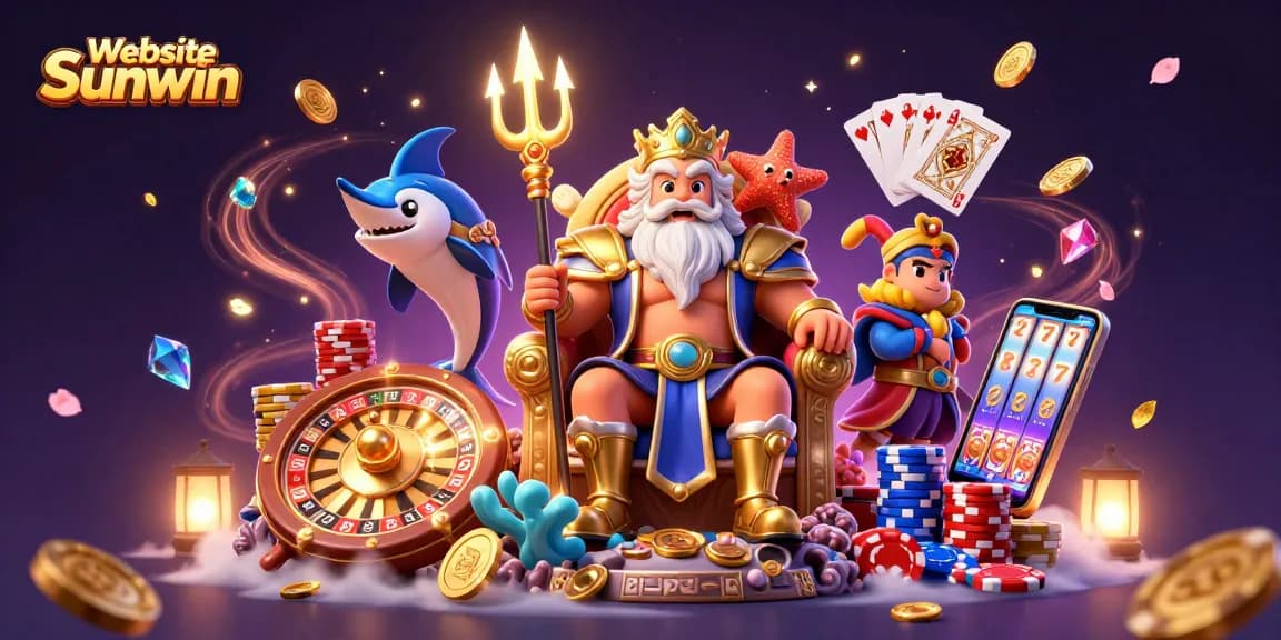 Engage with exciting casino games at Website Sunwin featuring a vibrant 3D scene with Neptune and game elements.