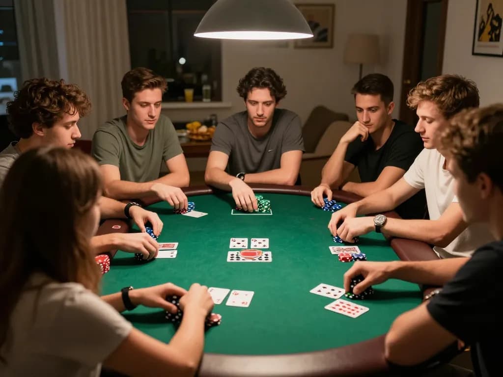 Players enjoy a thrilling poker night at home, emphasizing strategy and camaraderie with RR88.
