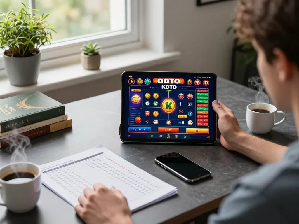 Engaging online gambling experience at home with kdtoto tablet gameplay and strategic notebook.