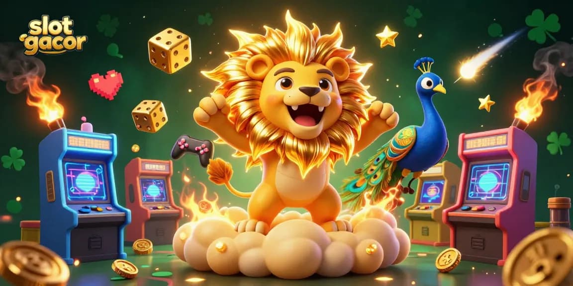 Experience the thrill of slot gacor with a vibrant 3D scene featuring a roaring lion and dazzling casino elements.