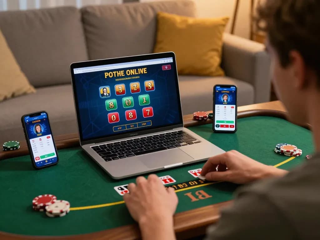 RR88 player strategically engaging in live dealer blackjack at home, showcasing online excitement.