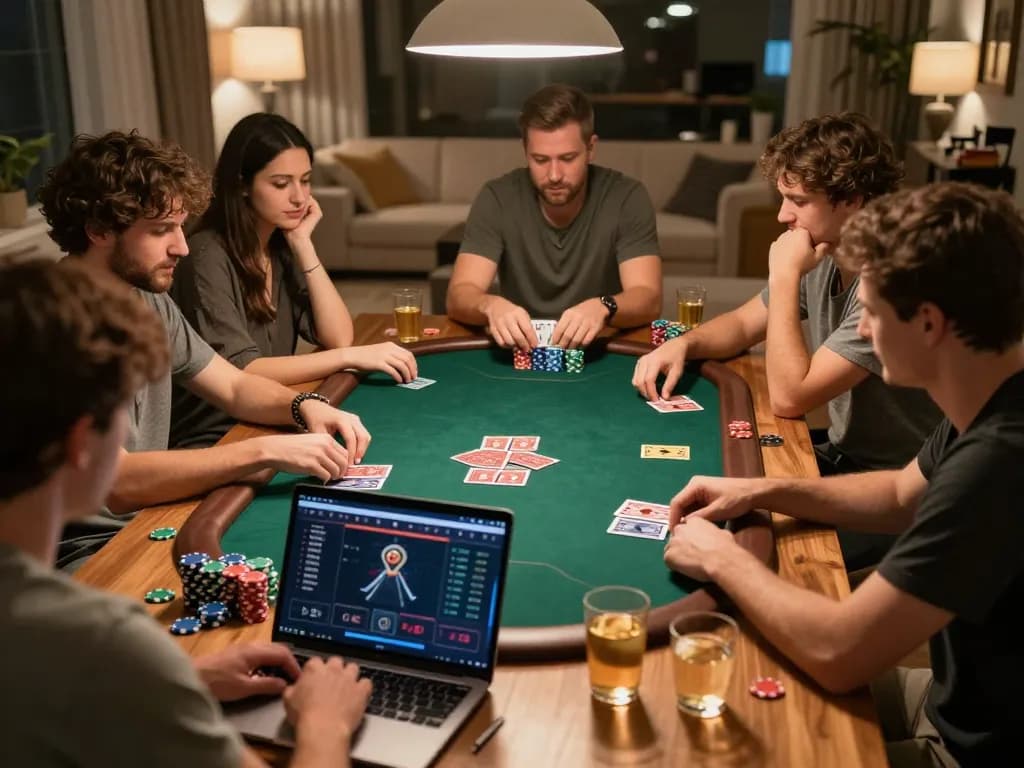 Friends enjoying a lively online poker game at home, highlighting vipwin strategies and social bonds
