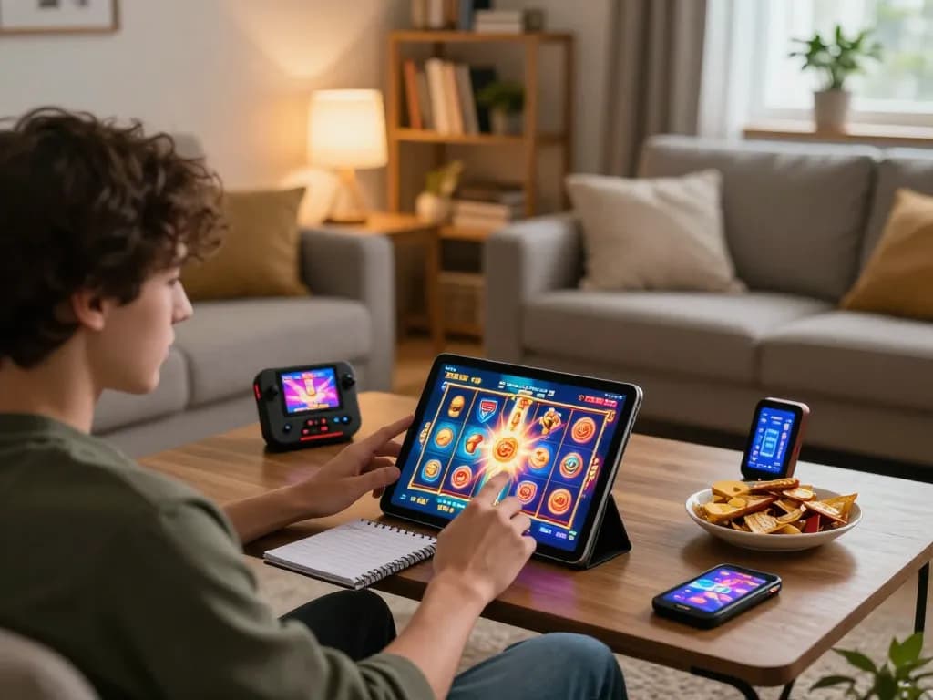 Permainan situs slot online di tablet, menampilkan grafik berwarna-warni dan elemen dari lingkungan bermain yang nyaman.