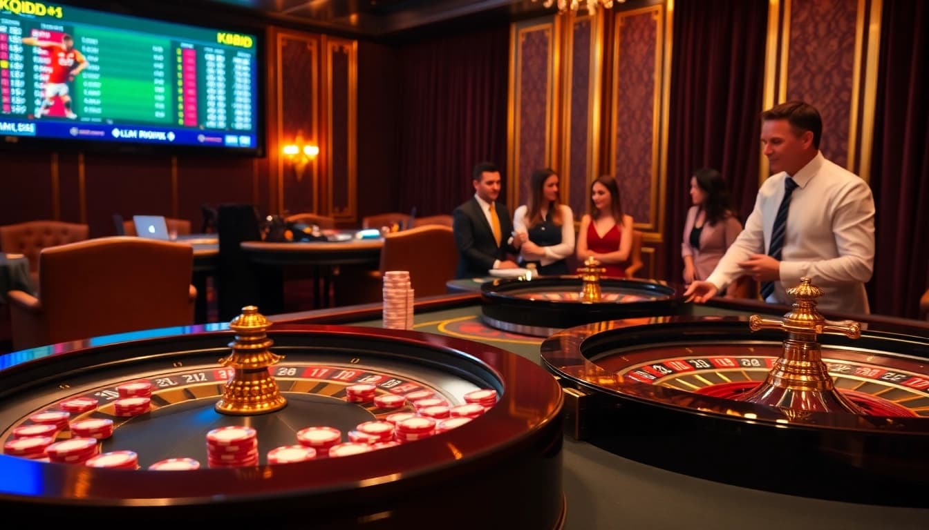 Exciting gambling scene at a casino showcasing KQBD betting options with poker chips and cards.