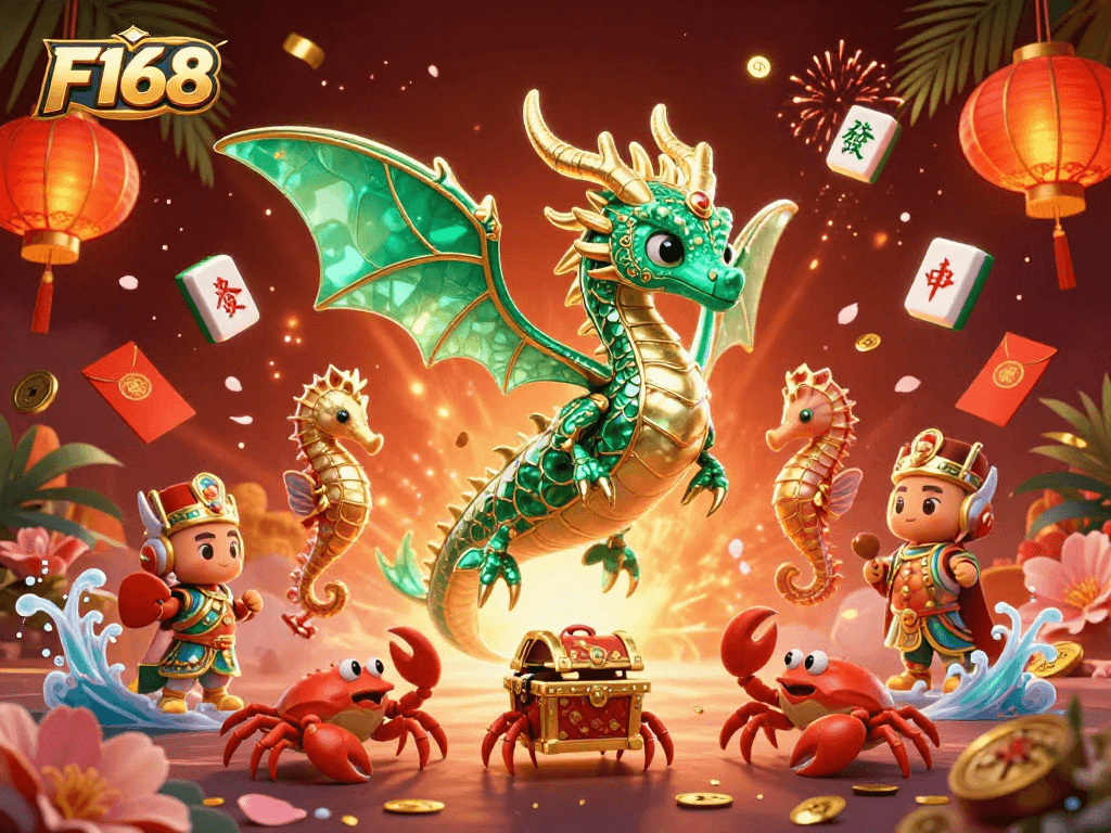 Experience the excitement of F168 casino gaming with vibrant sea dragon and treasure elements.