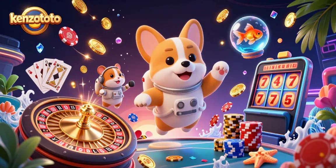 Engage with kenzototo for an immersive casino adventure in space with a 3D cartoon corgi and vibrant gaming elements.