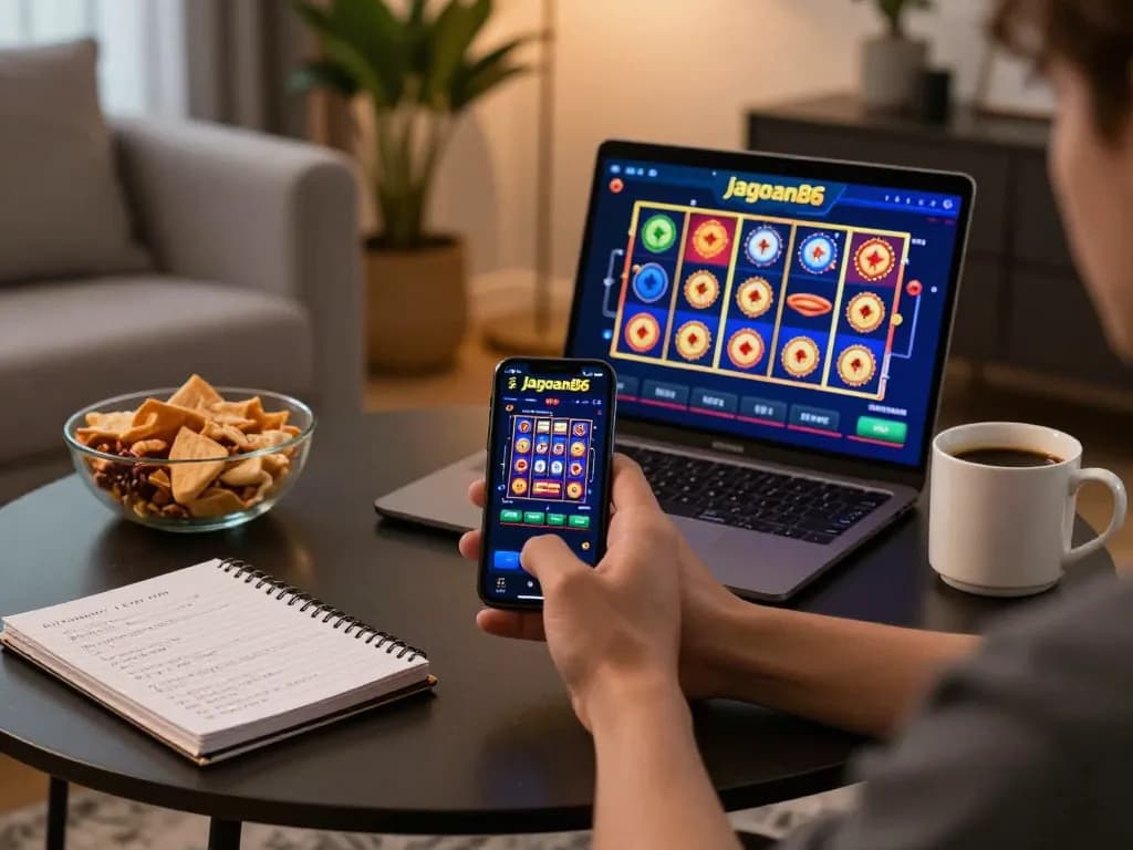Play jagoan86 on a smartphone during an engaging home gaming session with snacks and strategies.