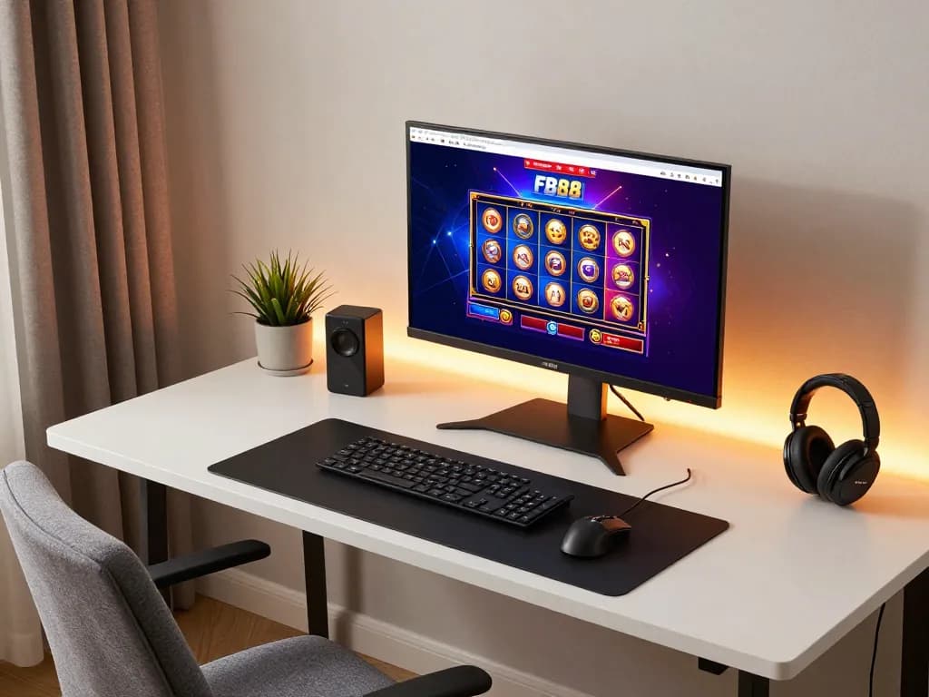 Engaged player enjoying online gaming at FB88 platform with vibrant slot graphics.