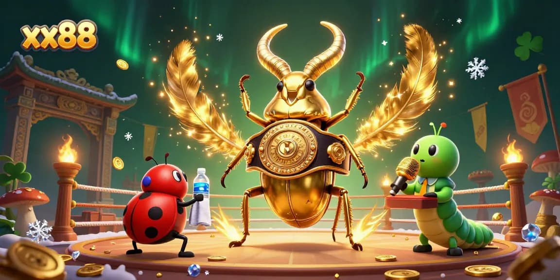 Engage with xx88’s vibrant casino atmosphere featuring a boxing beetle, surrounded by dynamic gaming elements.