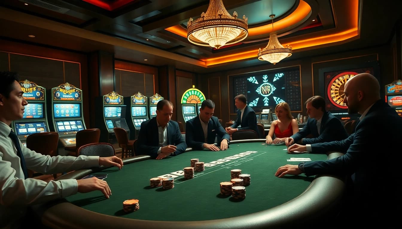 Engage in high-stakes poker at hm88's luxurious casino table with vibrant chips and dramatic lighting.