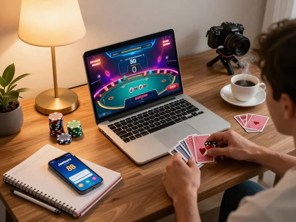Engaged player enjoying Jeetbuzz 88 online casino on laptop in cozy home setup.