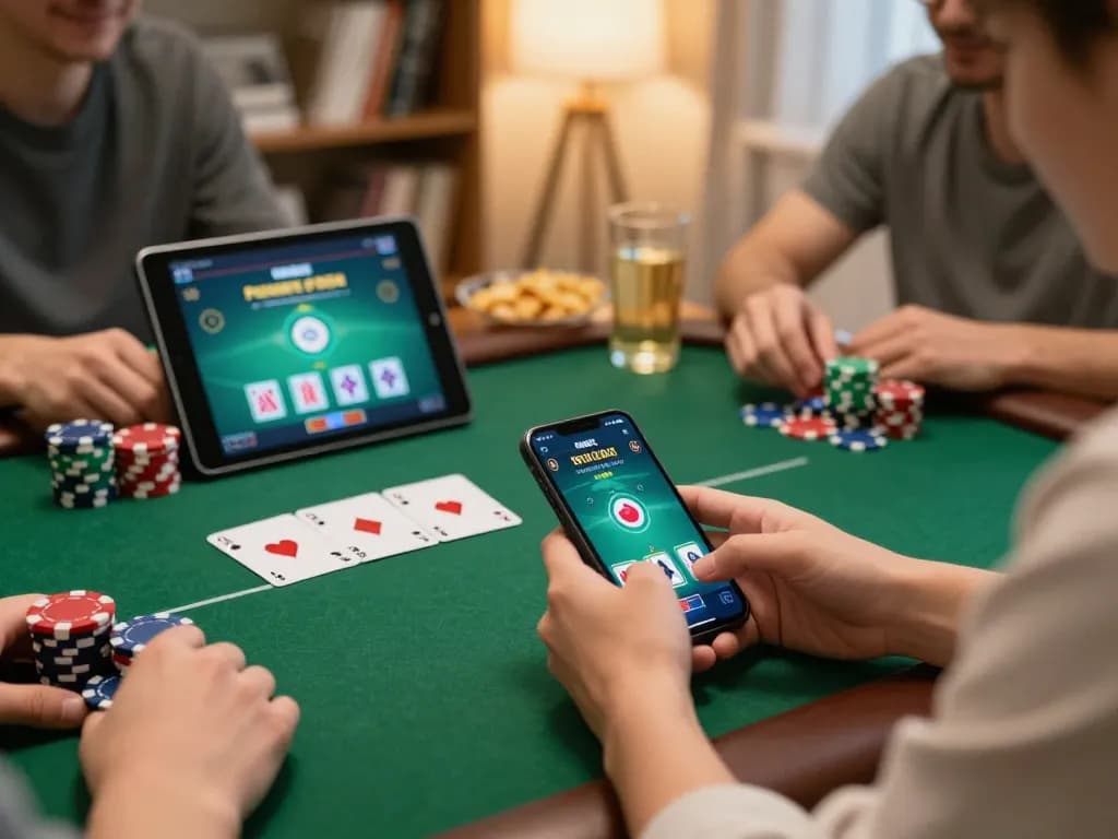 Engaging poker game on fabet app showcasing players' hands and colorful chips.