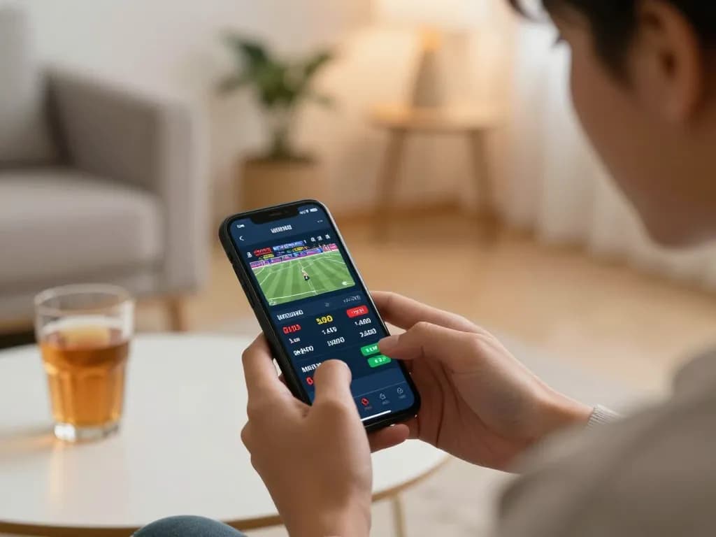 Engaging in sports betting on hb88 via smartphone in a cozy home setting, showcasing excitement and convenience.