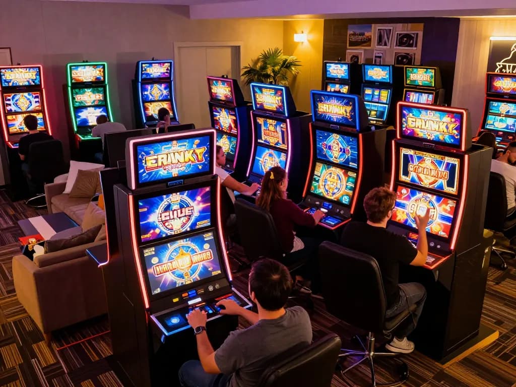 Players enjoying slot games on colorful online casino machines in a cozy home setting