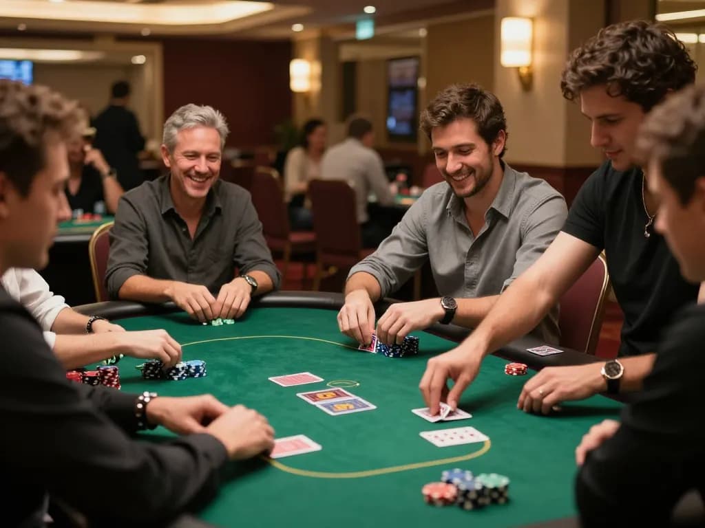 TR88 players strategizing their next move at an upscale poker table with intense focus and camaraderie.