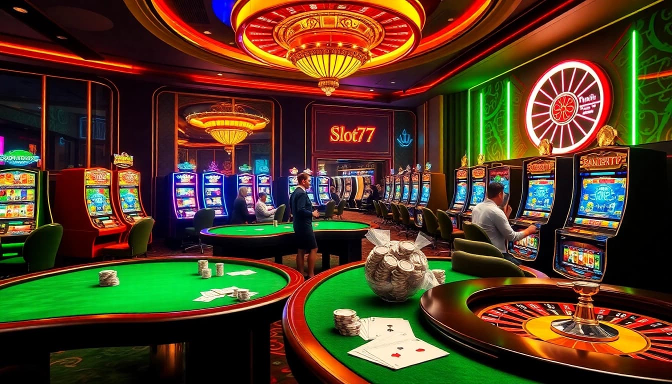 Players celebrating a big win on slot777 login at an elegant online casino, surrounded by vibrant slot machines.