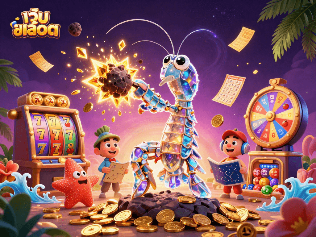 Experience thrilling เว็บสล็อต action as a mantis shrimp shatters an asteroid, scattering coins in vibrant colors.