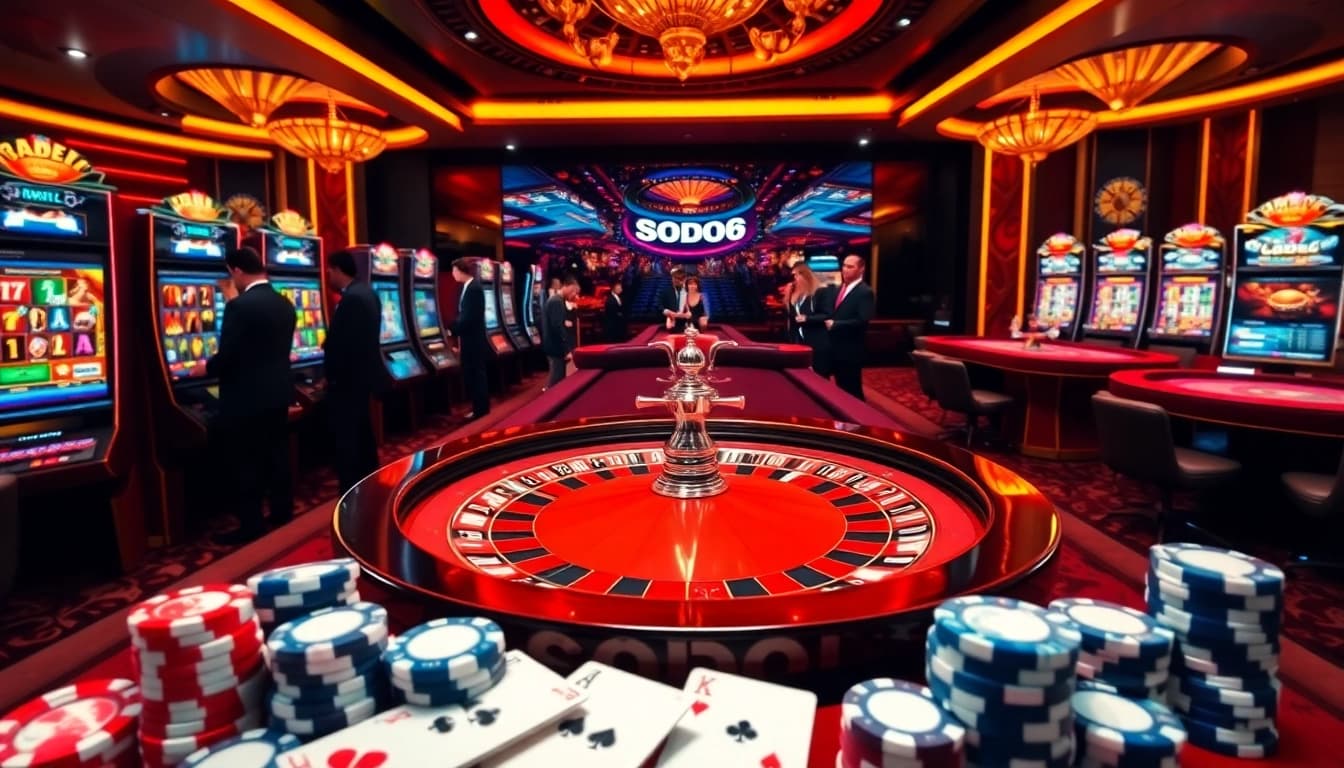 Sodo66 online casino scene featuring roulette, cards, and chips in an elegant setting.