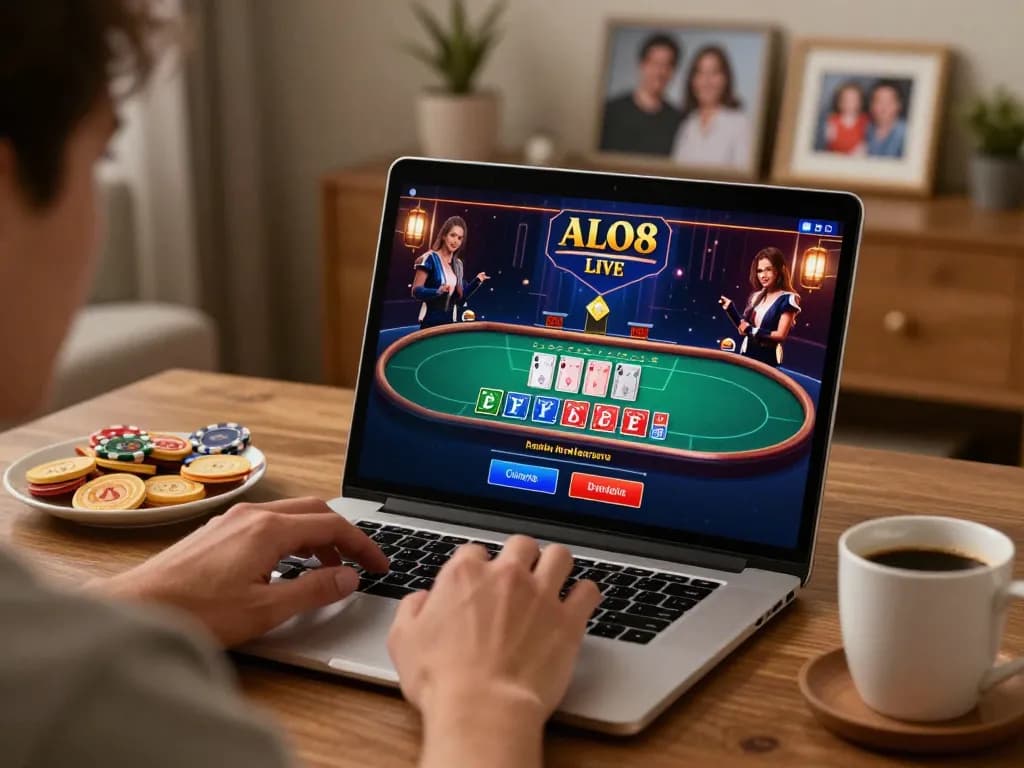 Player enjoying ALO8 Live casino gaming at home with immersive online interface on laptop.