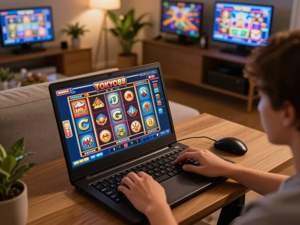 Pemain menikmati slot online yang menarik di platform tokyo88 di ruang tamu yang nyaman.
