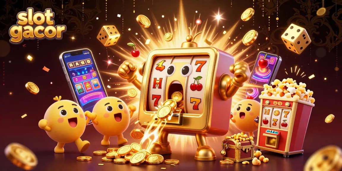 Slot gacor menampilkan mesin slot emas berwarna cerah mengeluarkan koin jackpot yang berkilauan di antara mesin slot bayi dan mesin popcorn yang riang.