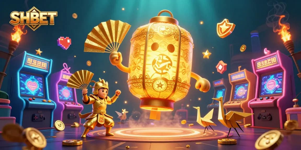 Engage with SHBET's vibrant casino world featuring gold lanterns and arcade action.