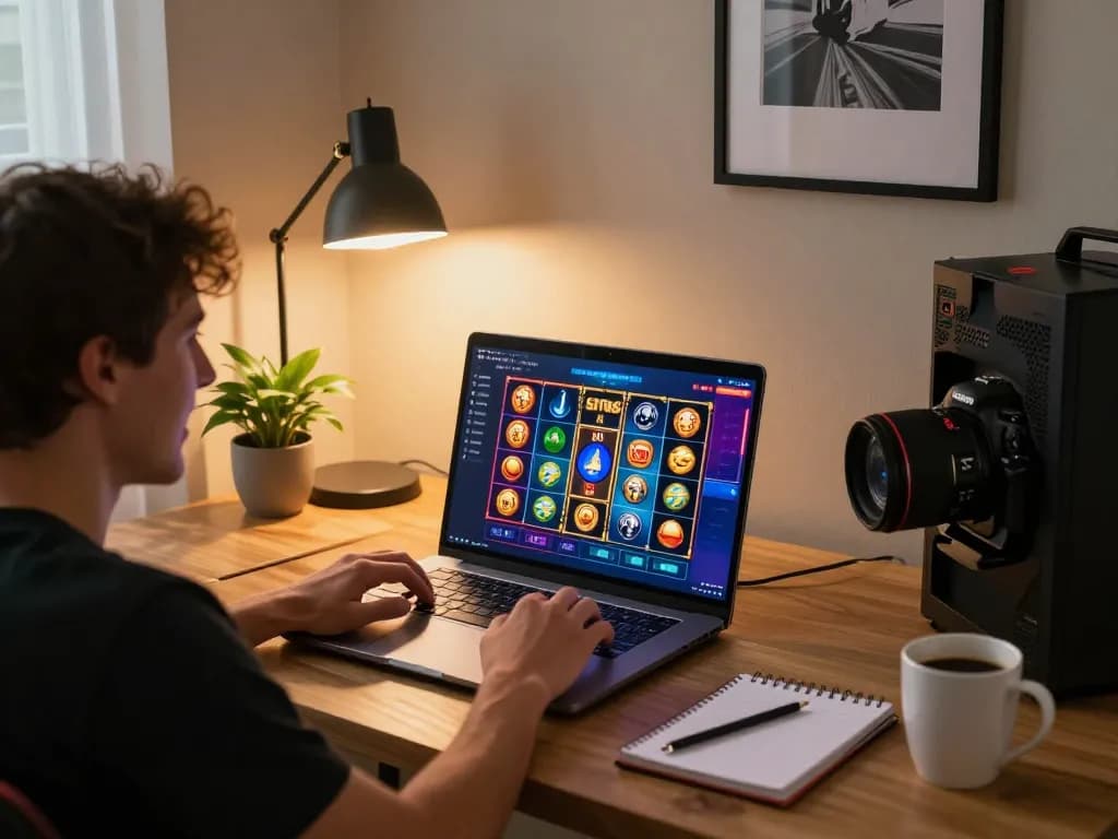 Engaging with a situs slot game on a laptop, showcasing vibrant graphics and home gaming ambiance.