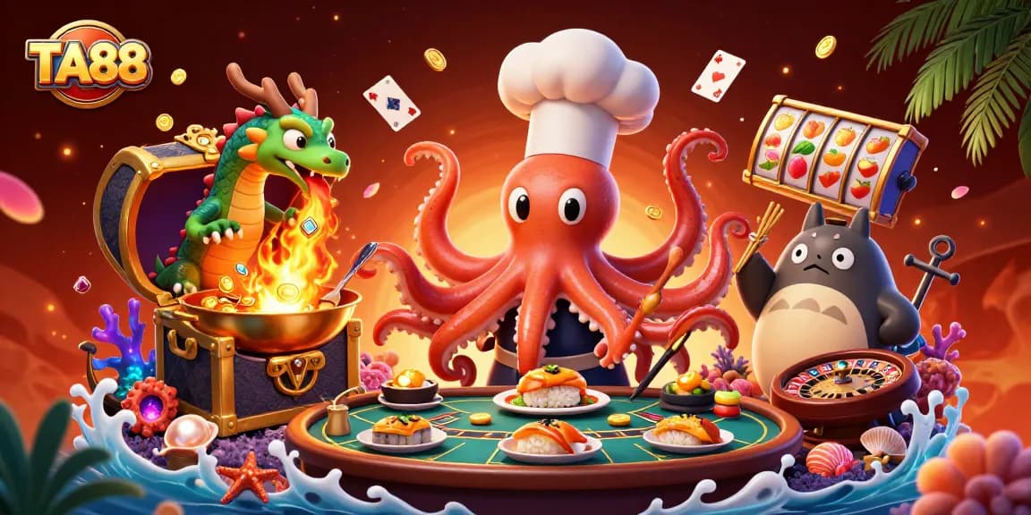 Engage in exciting casino experiences with TA88, showcasing vibrant characters preparing dishes amidst thrilling gameplay.
