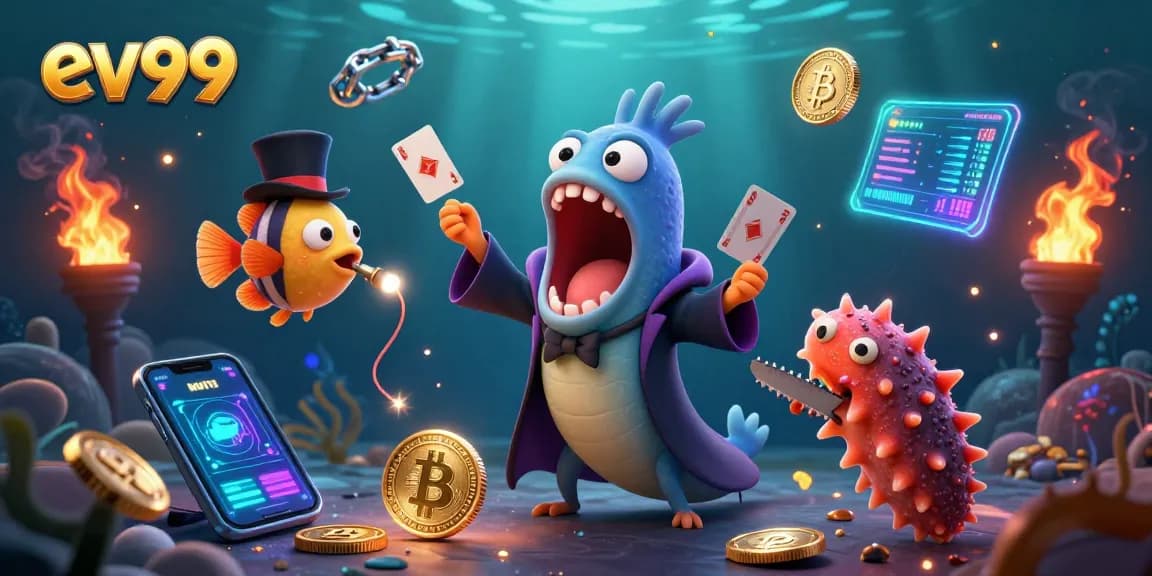 Ev99 highlights a thrilling underwater casino scene with vibrant characters and neon crypto elements.